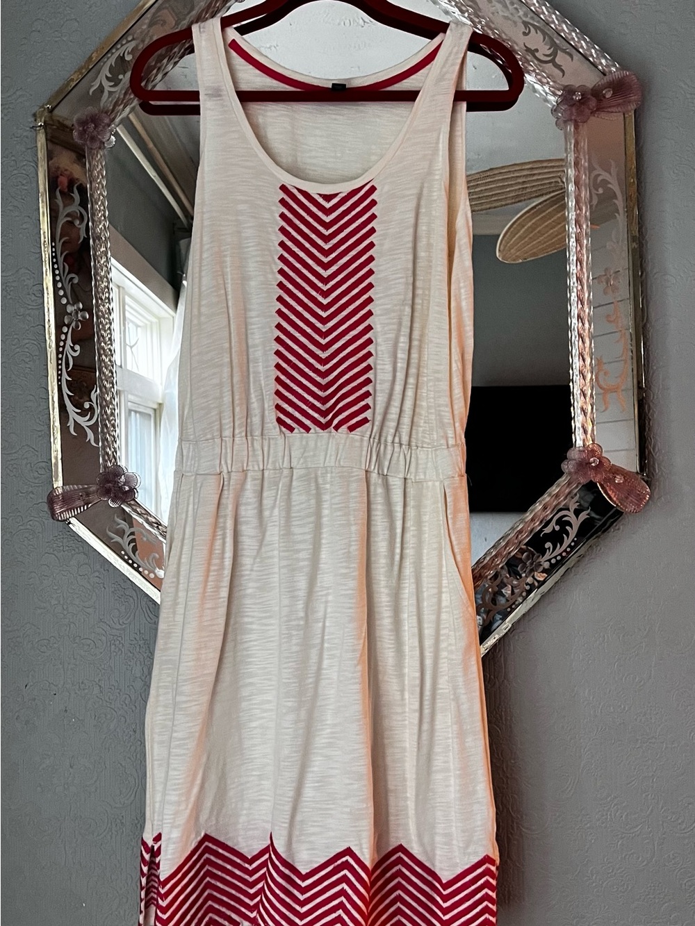 Vintage Tommy Hilfiger, Medium Cream Cotton Tank Dress with Coral Chevron Accent